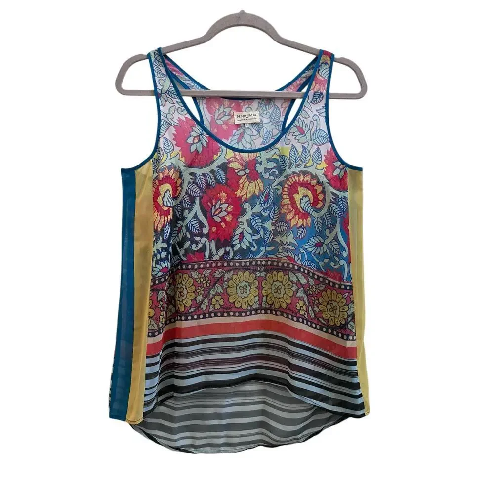 Dream Daily Anthropologie Boho Print Semi Sheer Racerback Tank Top Size Small - Picture 3 of 8